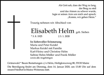 Traueranzeige von Elisabeth Helm von vrm-trauer