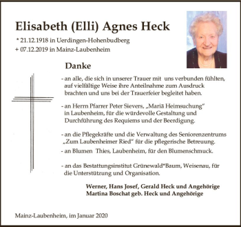 Traueranzeige von Elisabeth Agnes Heck von vrm-trauer