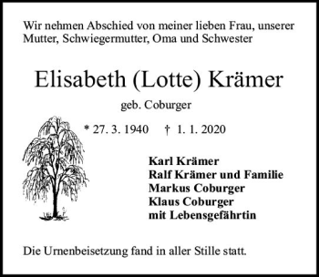 Traueranzeige von Elisabeth Lotte Krämer von vrm-trauer