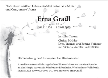 Traueranzeige von Erna Gradl von vrm-trauer