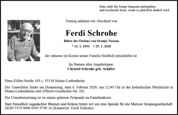 Traueranzeige von Ferdi Schrohe von vrm-trauer