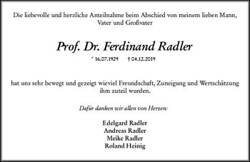 Traueranzeige von Ferdinand Radler von vrm-trauer