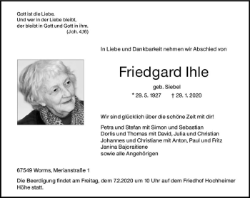 Traueranzeige von Friedgard Ihle von vrm-trauer