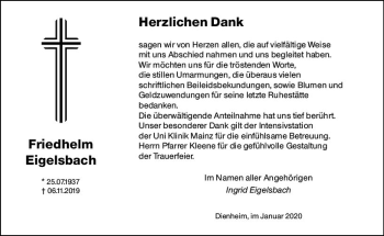 Traueranzeige von Friedhelm Eigelsbach von vrm-trauer