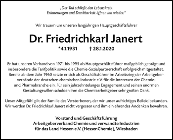 Traueranzeige von Friedrichkarl Janert von vrm-trauer