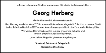 Traueranzeige von Georg Herberg von vrm-trauer