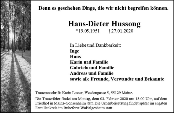 Traueranzeige von Hans-Dieter Hussong von vrm-trauer