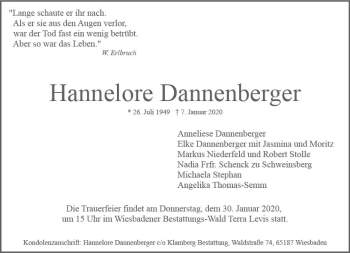Traueranzeige von Hannelore Dannenberger von vrm-trauer