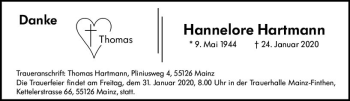 Traueranzeige von Hannelore Hartmann von vrm-trauer