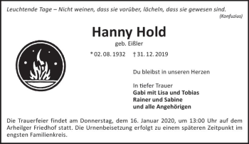 Traueranzeige von Hanny Hold von vrm-trauer