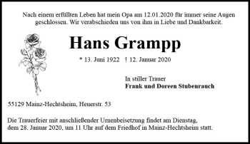 Traueranzeige von Hans Grampp von vrm-trauer