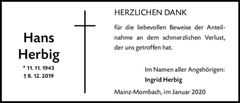 Traueranzeige von Hans Herbig von vrm-trauer