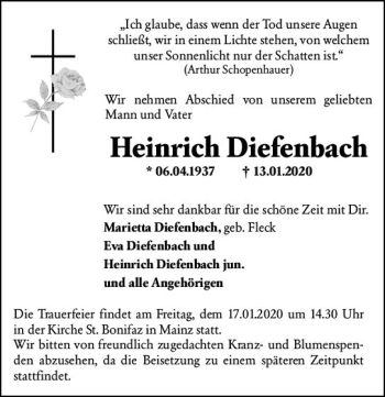 Traueranzeige von Heinrich Diefenbach von vrm-trauer