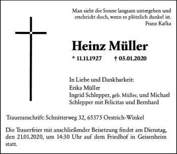 Traueranzeige von Heinz Müller von vrm-trauer