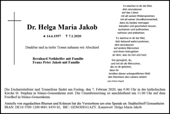 Traueranzeige von Helga Maria Jakob von vrm-trauer
