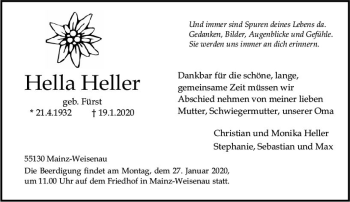 Traueranzeige von Hella Heller von vrm-trauer