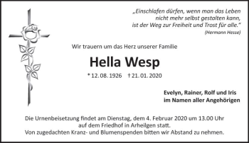 Traueranzeige von Hella Wesp von vrm-trauer