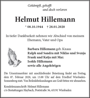 Traueranzeige von Helmut Hillemann von vrm-trauer