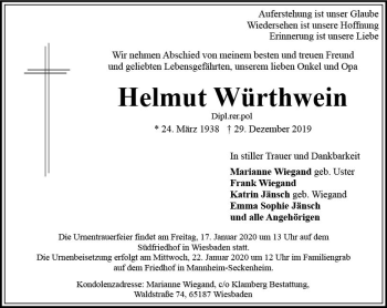 Traueranzeige von Helmut Würthwein von vrm-trauer