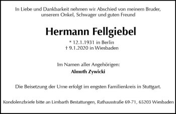 Traueranzeige von Hermann Fellgiebel von vrm-trauer