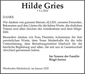 Traueranzeige von Hilde Gries von vrm-trauer