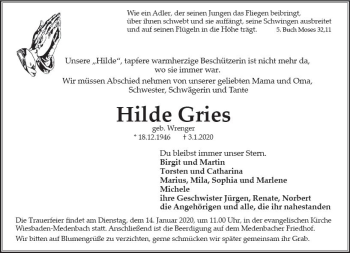 Traueranzeige von Hilde Gries von vrm-trauer