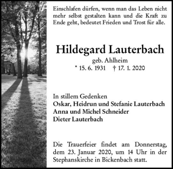 Traueranzeige von Hildegard Lauterbach von vrm-trauer