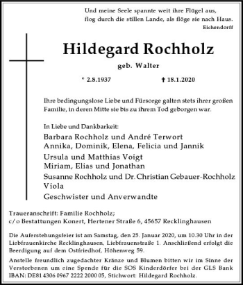 Traueranzeige von Hildegard Rochholz von vrm-trauer