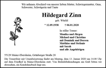 Traueranzeige von Hildegard Zinn von vrm-trauer