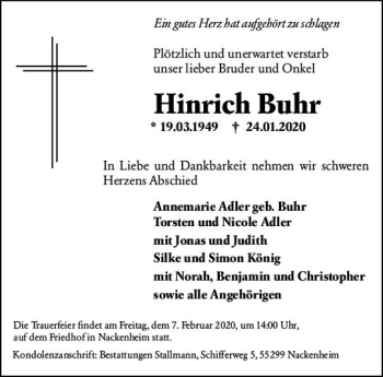 Traueranzeige von Hinrich Buhr von vrm-trauer