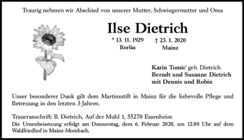 Traueranzeige von Ilse Dietrich von vrm-trauer