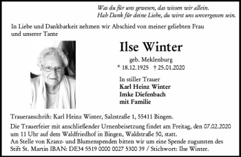 Traueranzeige von Ilse Winter von vrm-trauer