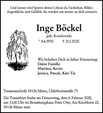 Traueranzeige von Inge Böckel von vrm-trauer