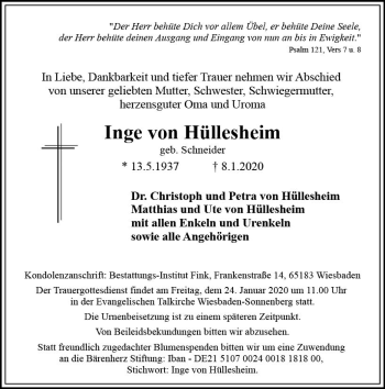 Traueranzeige von Inge von Hüllesheim von vrm-trauer