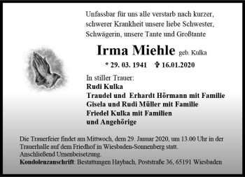 Traueranzeige von Irma Miehle von vrm-trauer