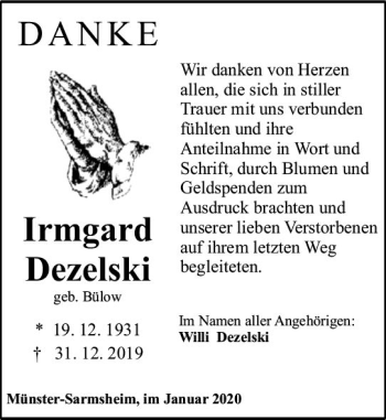 Traueranzeige von Irmgard Dezelski von vrm-trauer