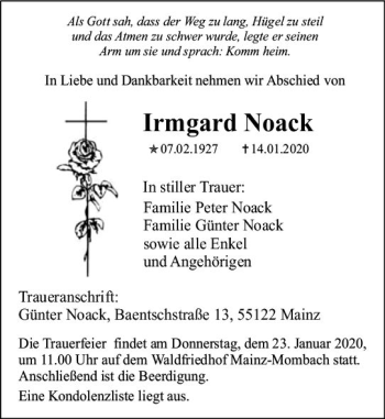Traueranzeige von Irmgard Noack von vrm-trauer