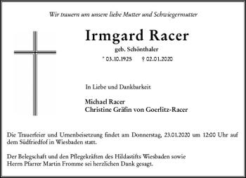 Traueranzeige von Irmgard Racer von vrm-trauer