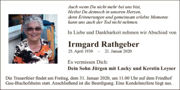 Traueranzeige von Irmgard Rathgeber von vrm-trauer