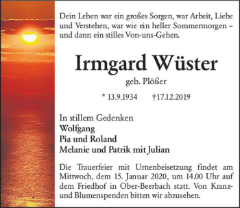 Traueranzeige von Irmgard Wüster von vrm-trauer
