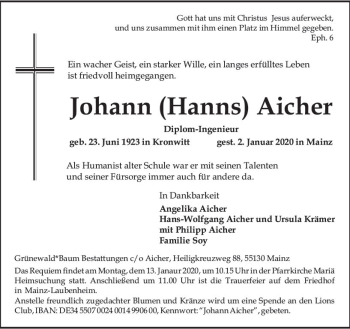 Traueranzeige von Johann  Aicher von vrm-trauer