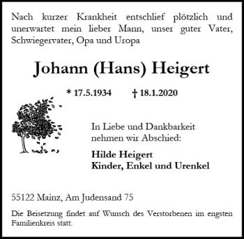 Traueranzeige von Johann Heigert von vrm-trauer
