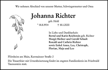 Traueranzeige von Johanna Richter von vrm-trauer