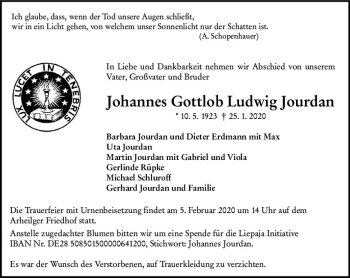 Traueranzeige von Johannes Gottlob Ludwig Jourdan von vrm-trauer