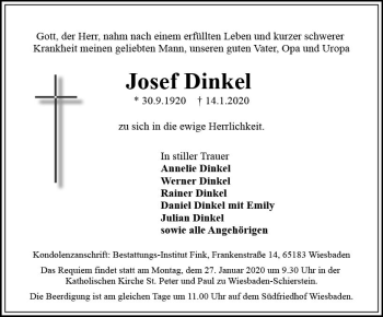 Traueranzeige von Josef Dinkel von vrm-trauer