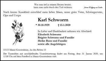 Traueranzeige von Karl Schworm von vrm-trauer