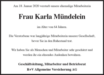 Traueranzeige von Karla Mündelein von vrm-trauer