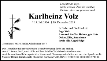 Traueranzeige von Karlheinz Volz von vrm-trauer