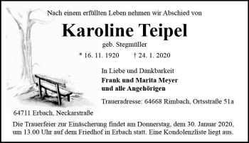 Traueranzeige von Karoline Teipel von vrm-trauer