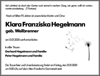 Traueranzeige von Klara Franziska Hegelmann von vrm-trauer Traueranzeige von Klara Franziska Hegelmann von vrm-trauer